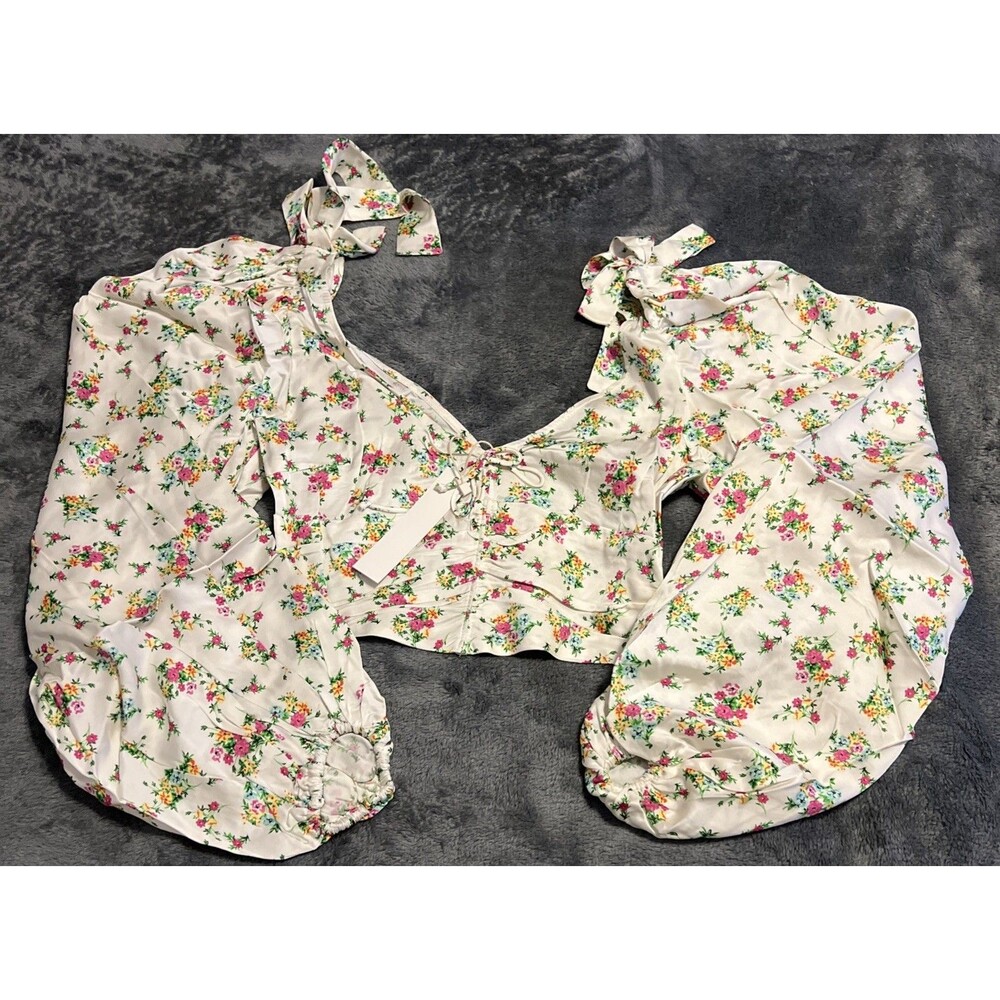 XS For Love & Lemons Tanya Satin Floral Print Cropped Blouse Cream, Pink